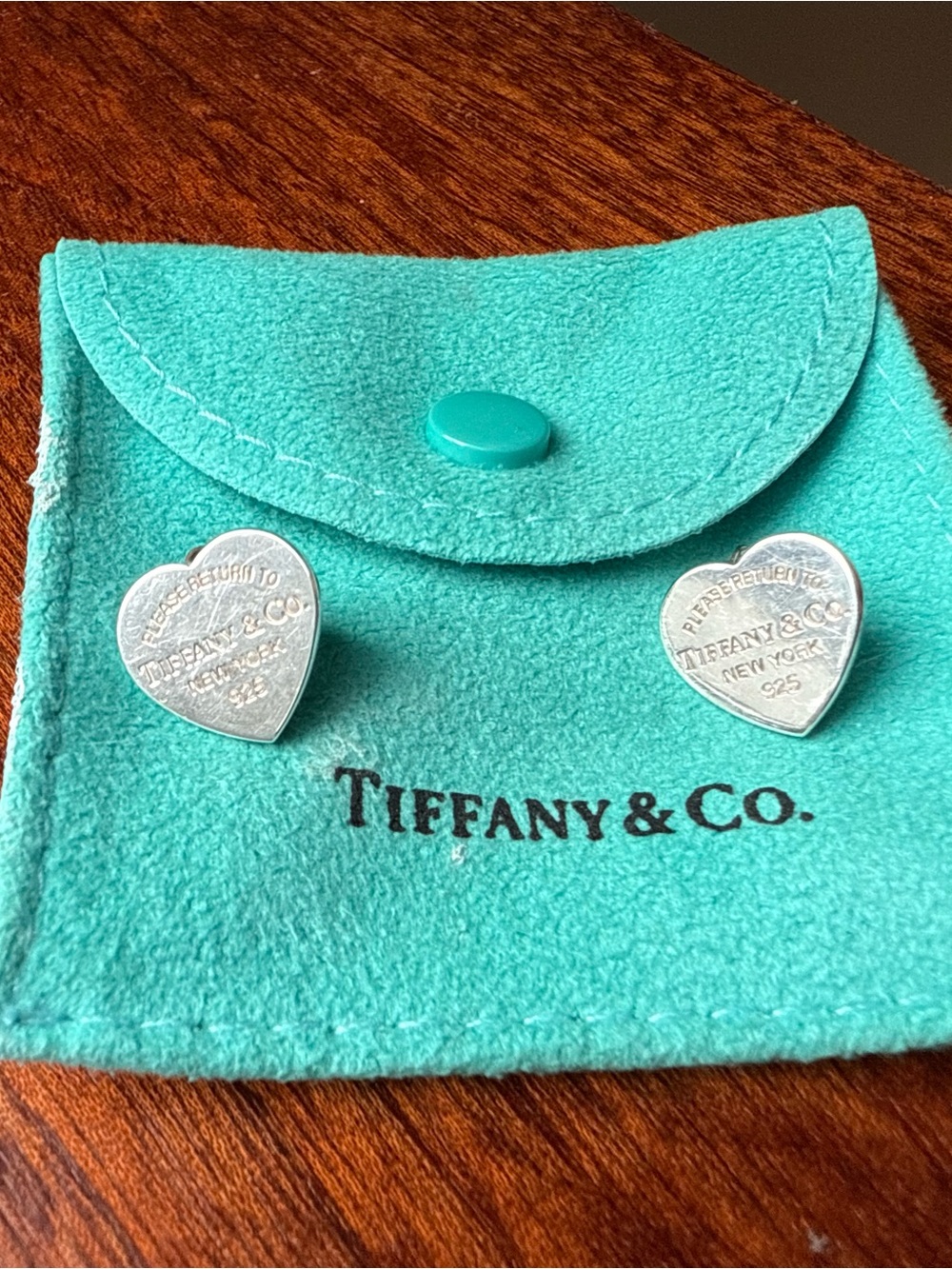 Tiffany & Co. Silver Heart Tag Stud Earrings on Tiffany Blue Pouch
